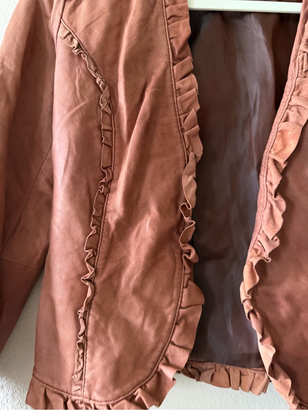 bagatelle Rust Ruffle Trim Leather Jacket - Picture 2 of 5